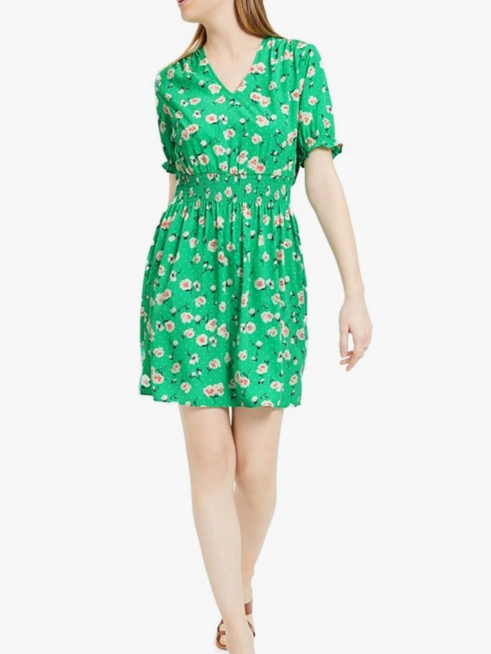 Maison Jules Green Floral V-Neck Smocked Mini Dress